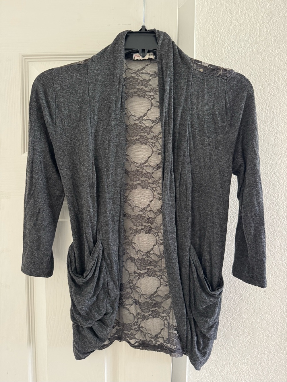 Zenana Outfitters Charcoal Gray Lace-Back Open Front Cardigan